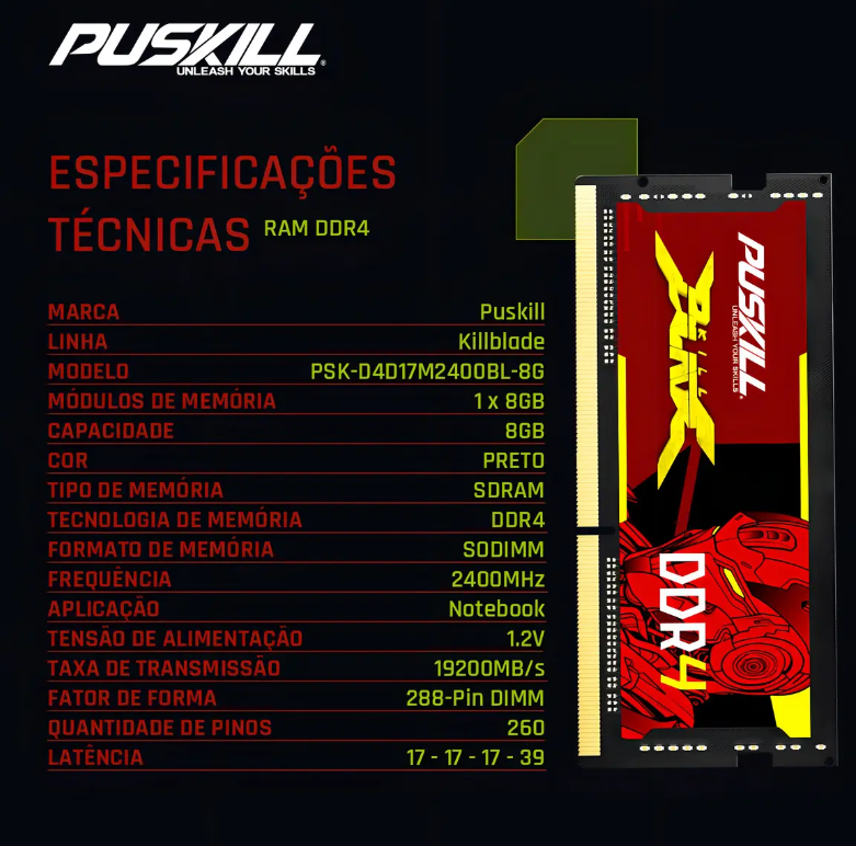 Memória Ram Gamer Notebook PUSKILL 8gb Ddr4 2400mhz Cl17 1.2 Sodimm - Imagem 3
